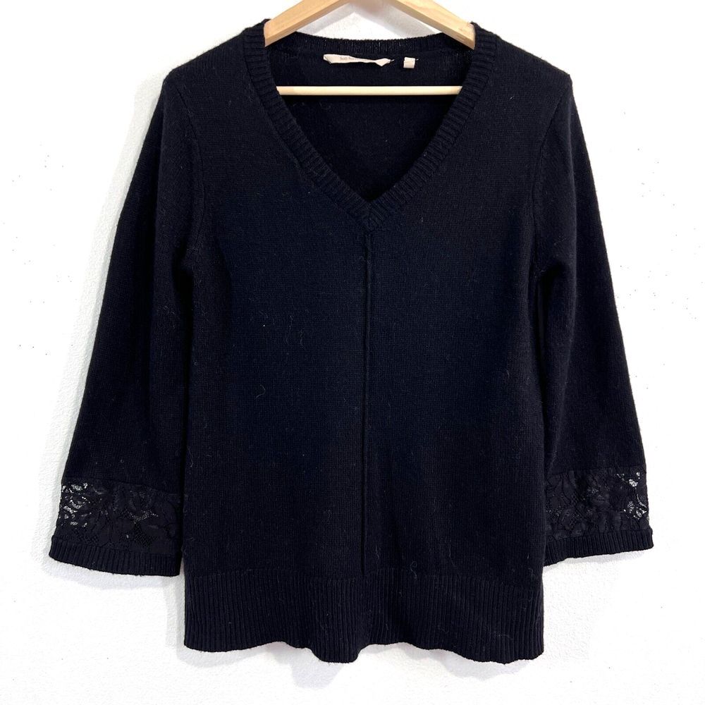 Soft Surroundings Sweater Womens Medium Black Wool Blend Lace Trim Sleeve Career